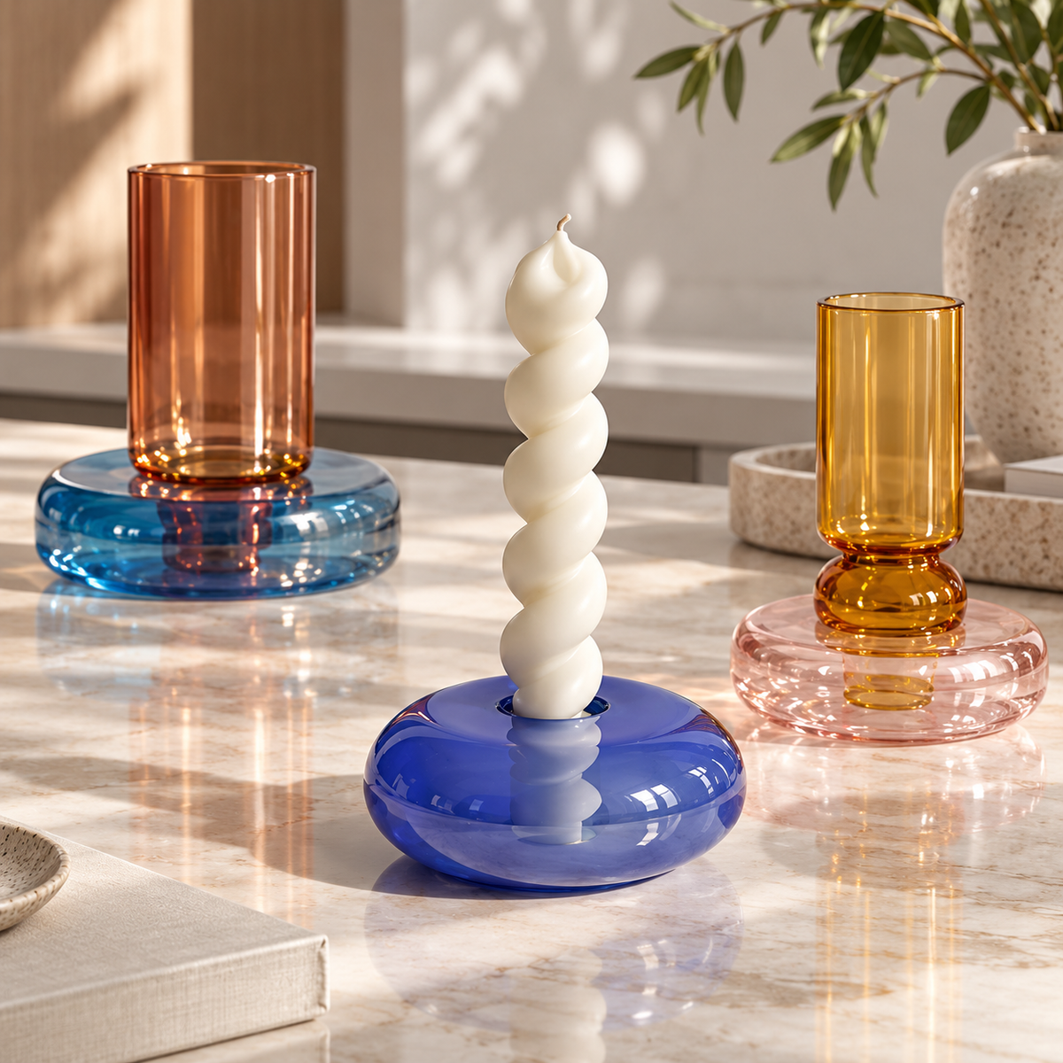 Colorblock Glass Candle Holder Trio
